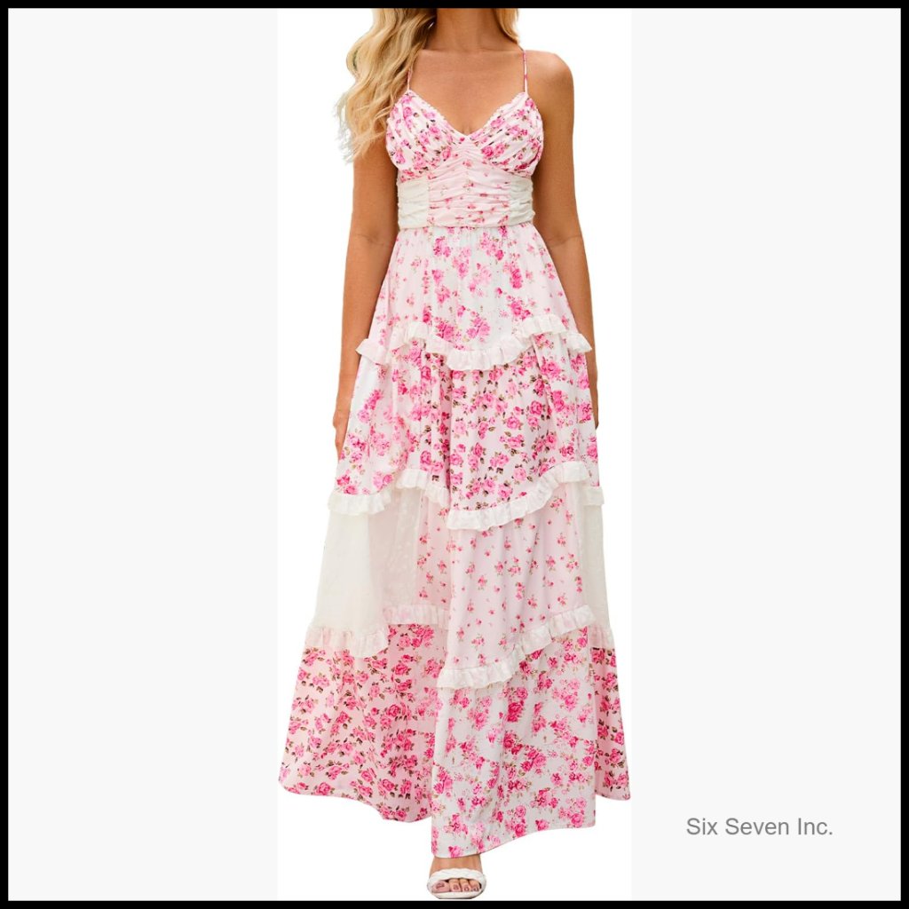 Lightweight Polyester Maxi Dress Spaghetti Strap V Neck Bohemian Flowy